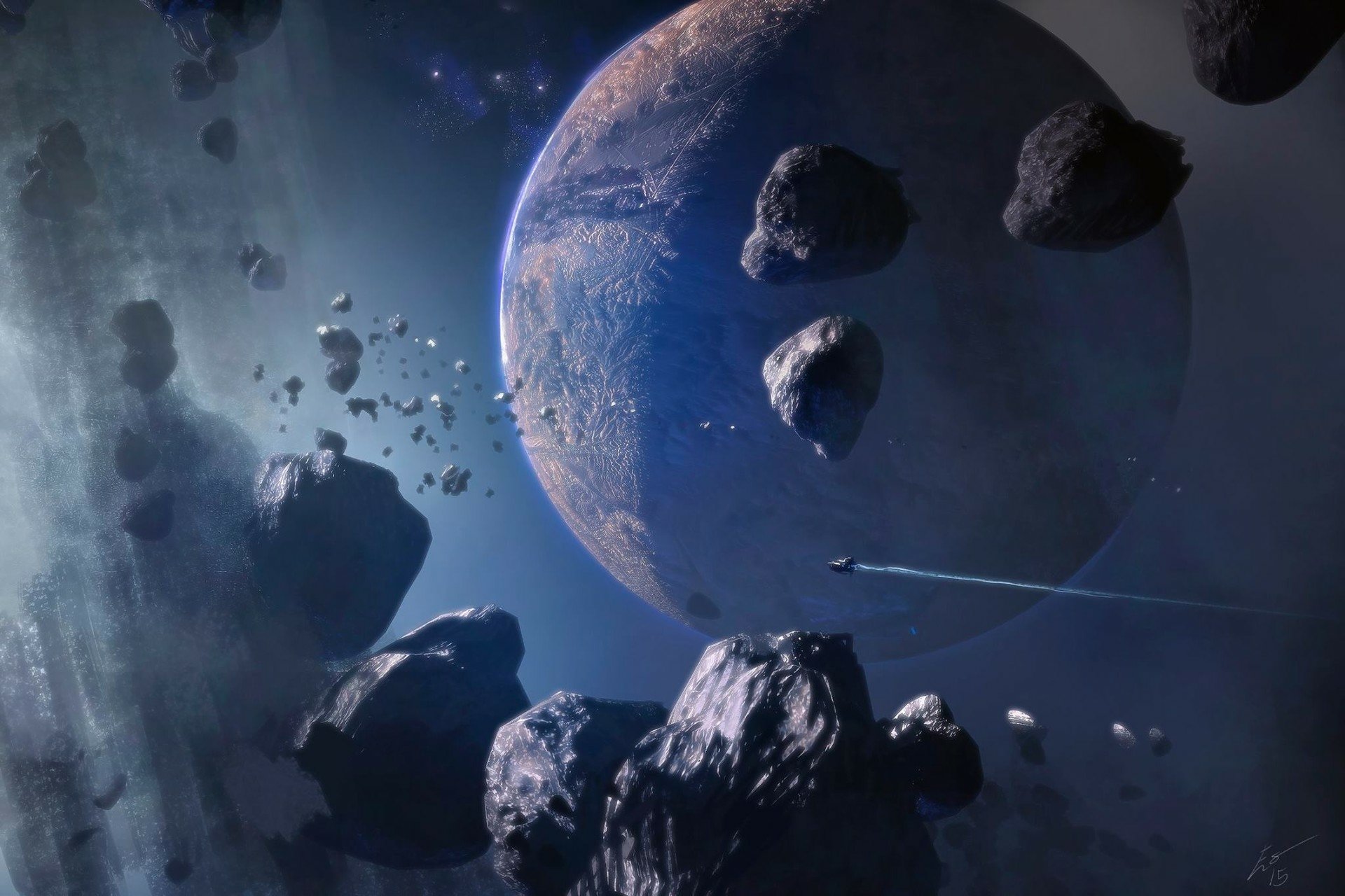 HD sci-fi desktop wallpaper depicting a spaceship navigating through asteroids near a detailed planet in deep space.