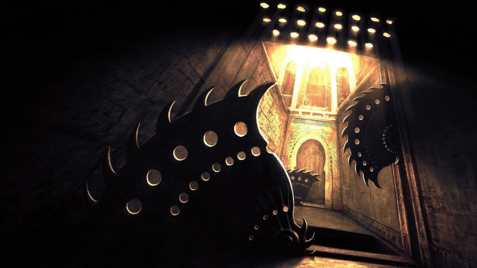 A captivating HD wallpaper from the video game Prince of Persia, featuring a dimly lit corridor adorned with menacing, spiked traps and ancient architecture, evoking a sense of adventure.