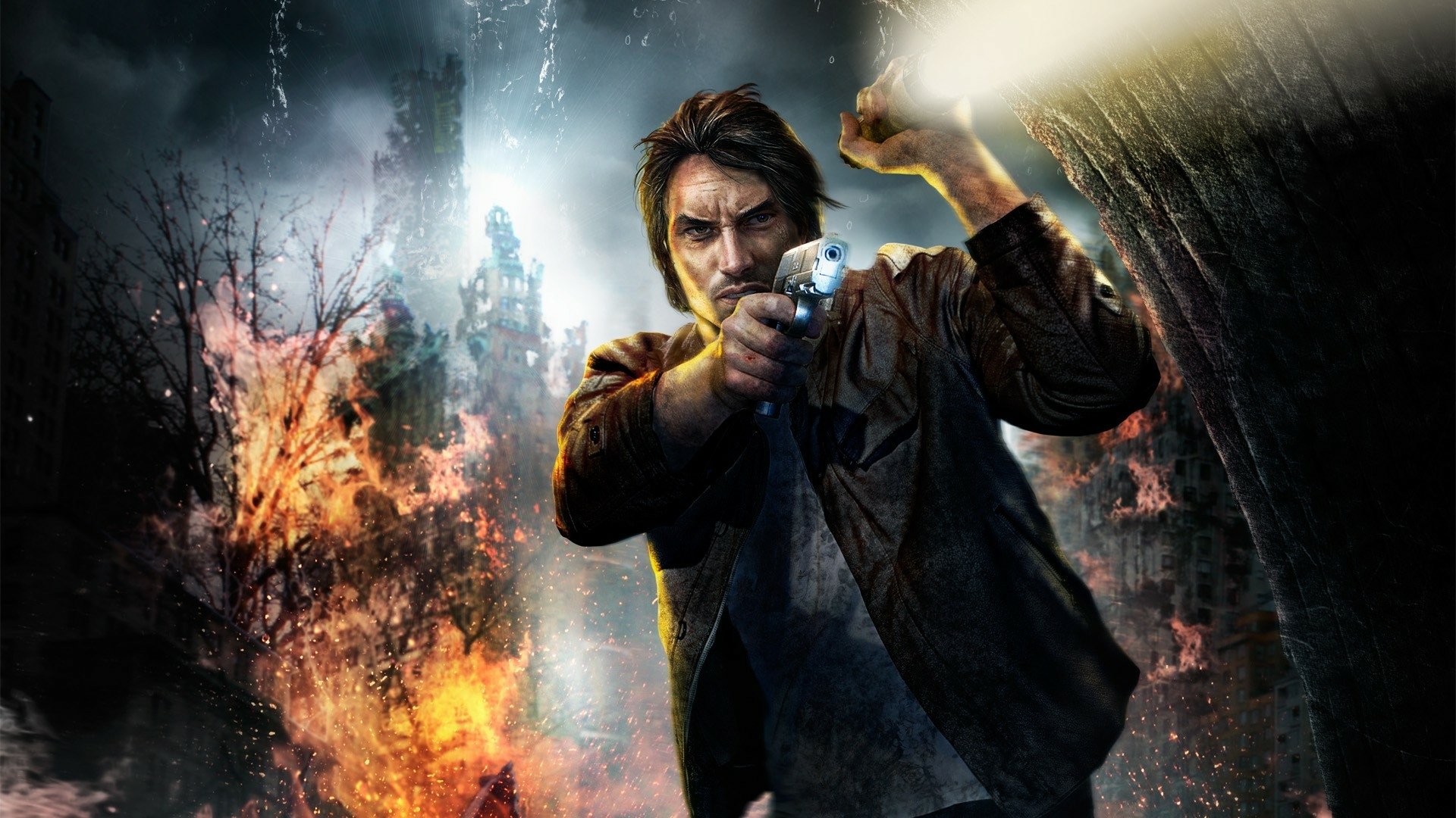 A dramatic HD wallpaper for the video game *Alone in the Dark*, featuring a determined character wielding a gun amidst a fiery, chaotic backdrop.
