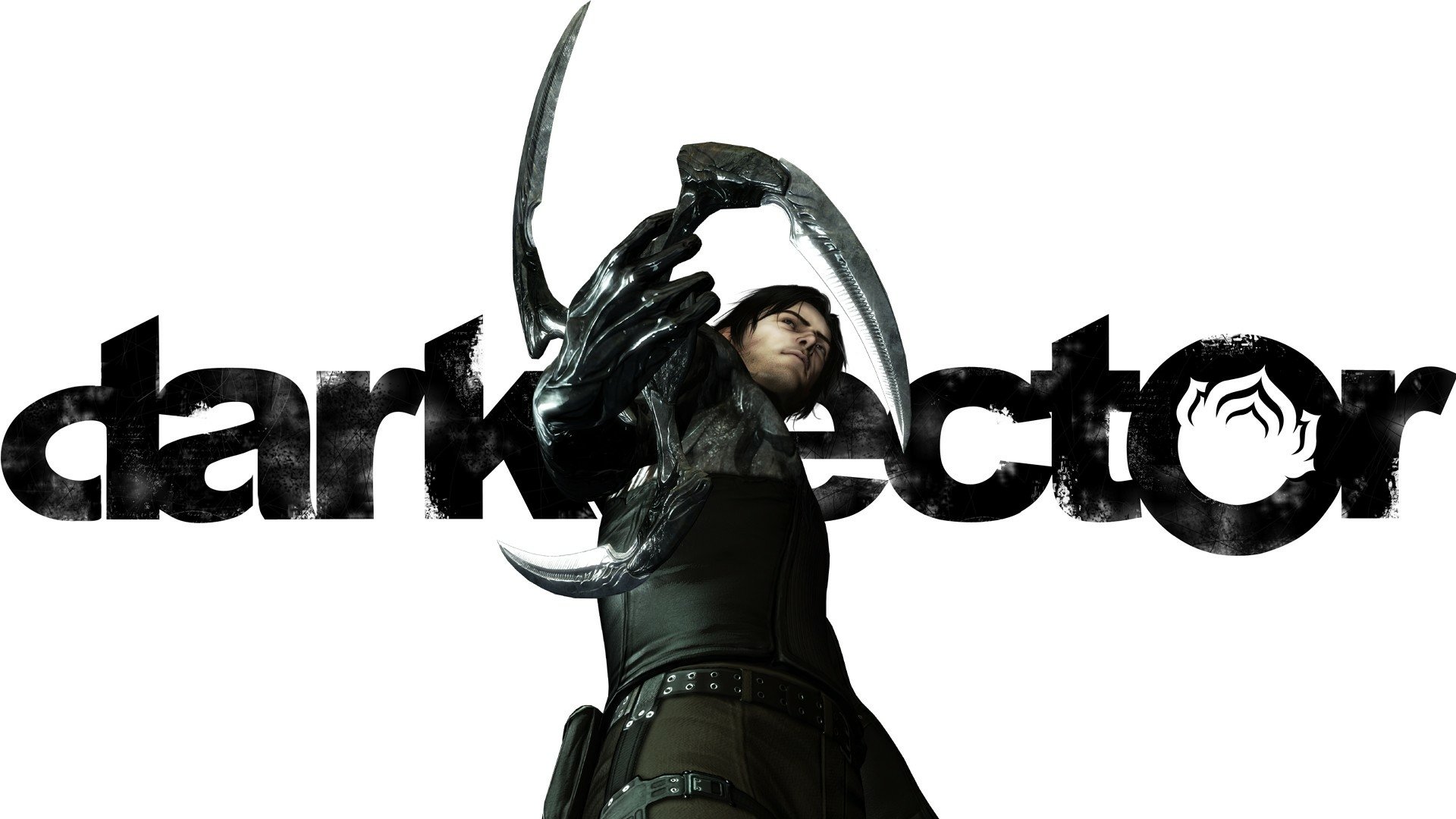 HD PC desktop wallpaper featuring a character from the video game Dark Sector wielding a sharp, curved weapon against a white background with the game title.