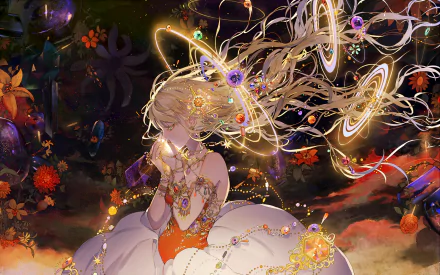 HD desktop wallpaper featuring an original anime illustration of a mesmerizing character adorned with glowing accessories and ethereal hair, set against a magical, vibrant background.