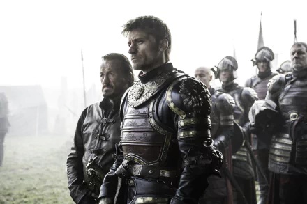 HD desktop wallpaper featuring Bronn (Jerome Flynn) and Jaime Lannister (Nikolaj Coster-Waldau) from the TV show Game of Thrones, standing amid armored soldiers.