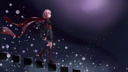 Inori Yuzuriha from *Guilty Crown* walks down a staircase amidst swirling snowflakes, set against a dark, atmospheric background. An HD wallpaper capturing her captivating presence.