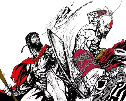 HD desktop wallpaper inspired by the movie 300, depicting an intense combat scene with two warrior figures in a dynamic, illustrated style.