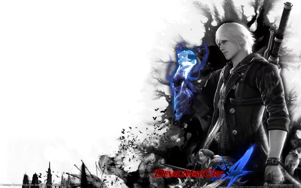 HD PC desktop wallpaper featuring Nero, a character from the video game Devil May Cry 4, with his glowing blue arm and a dark, smoky background.