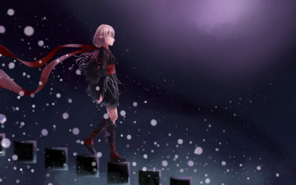 Inori Yuzuriha from *Guilty Crown* walks down a staircase amidst swirling snowflakes, set against a dark, atmospheric background. An HD wallpaper capturing her captivating presence.