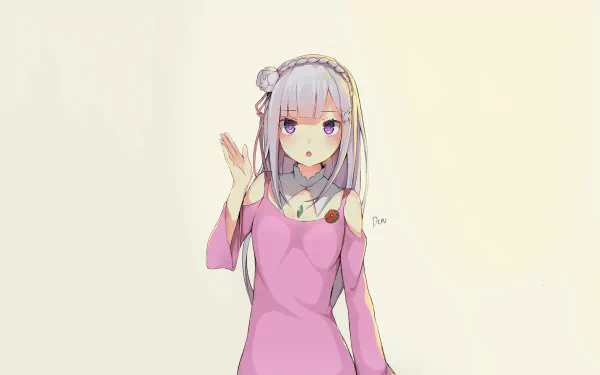 HD desktop wallpaper of Emilia from the anime Re:Zero - Starting Life in Another World, featuring her in a pink dress on a light background.