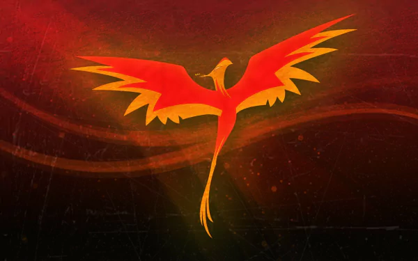 HD desktop wallpaper featuring Philomena, the phoenix from My Little Pony: Friendship Is Magic TV show, set against a fiery red and orange background.