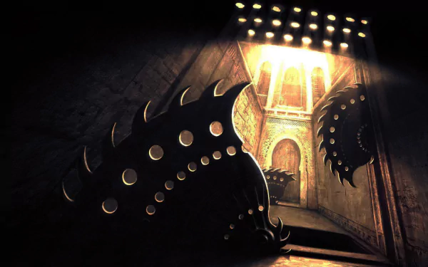 A captivating HD wallpaper from the video game Prince of Persia, featuring a dimly lit corridor adorned with menacing, spiked traps and ancient architecture, evoking a sense of adventure.