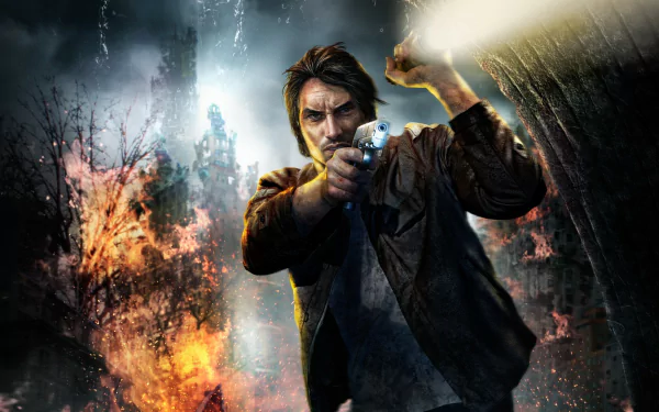 A dramatic HD wallpaper for the video game *Alone in the Dark*, featuring a determined character wielding a gun amidst a fiery, chaotic backdrop.