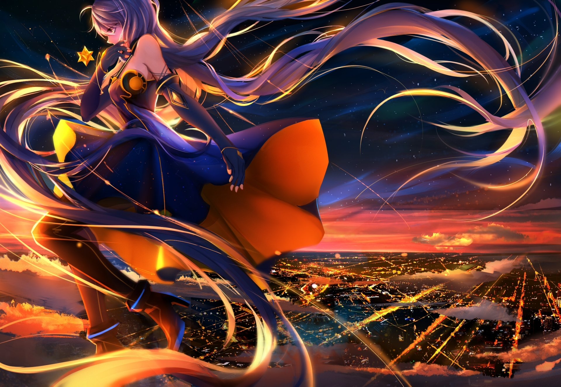 HD anime desktop wallpaper featuring Stardust from Vocaloid with flowing hair and glowing ribbons against a vibrant cityscape at sunset.