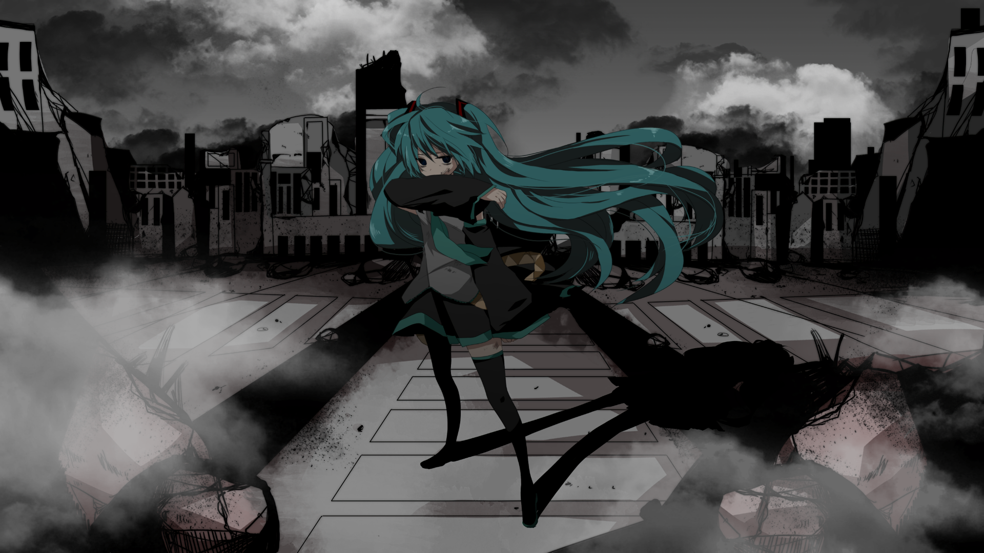 HD PC desktop wallpaper featuring Hatsune Miku, the iconic anime Vocaloid, standing confidently in a dark, post-apocalyptic cityscape with flowing teal hair.