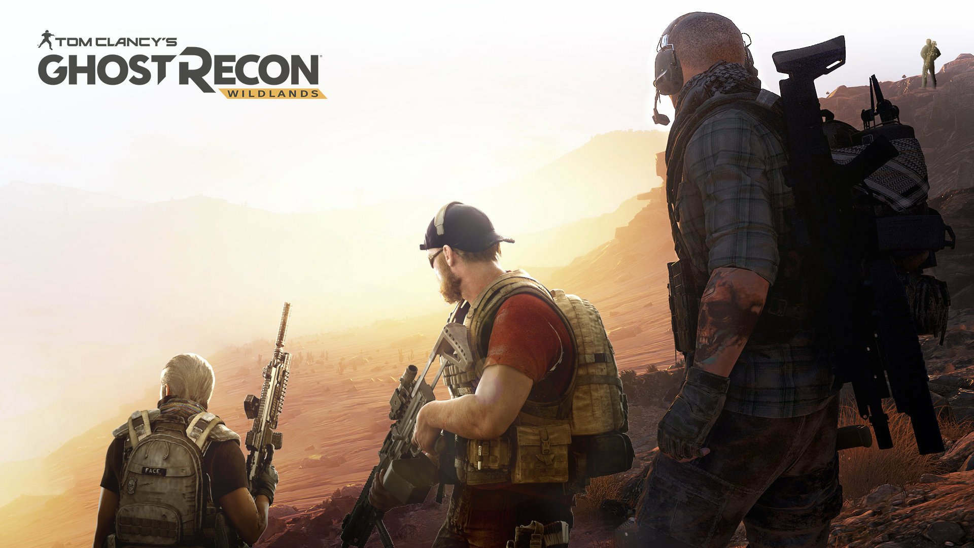 A captivating HD wallpaper from Tom Clancy’s Ghost Recon Wildlands, featuring three soldiers surveying a rugged landscape in a dramatic sunset setting.