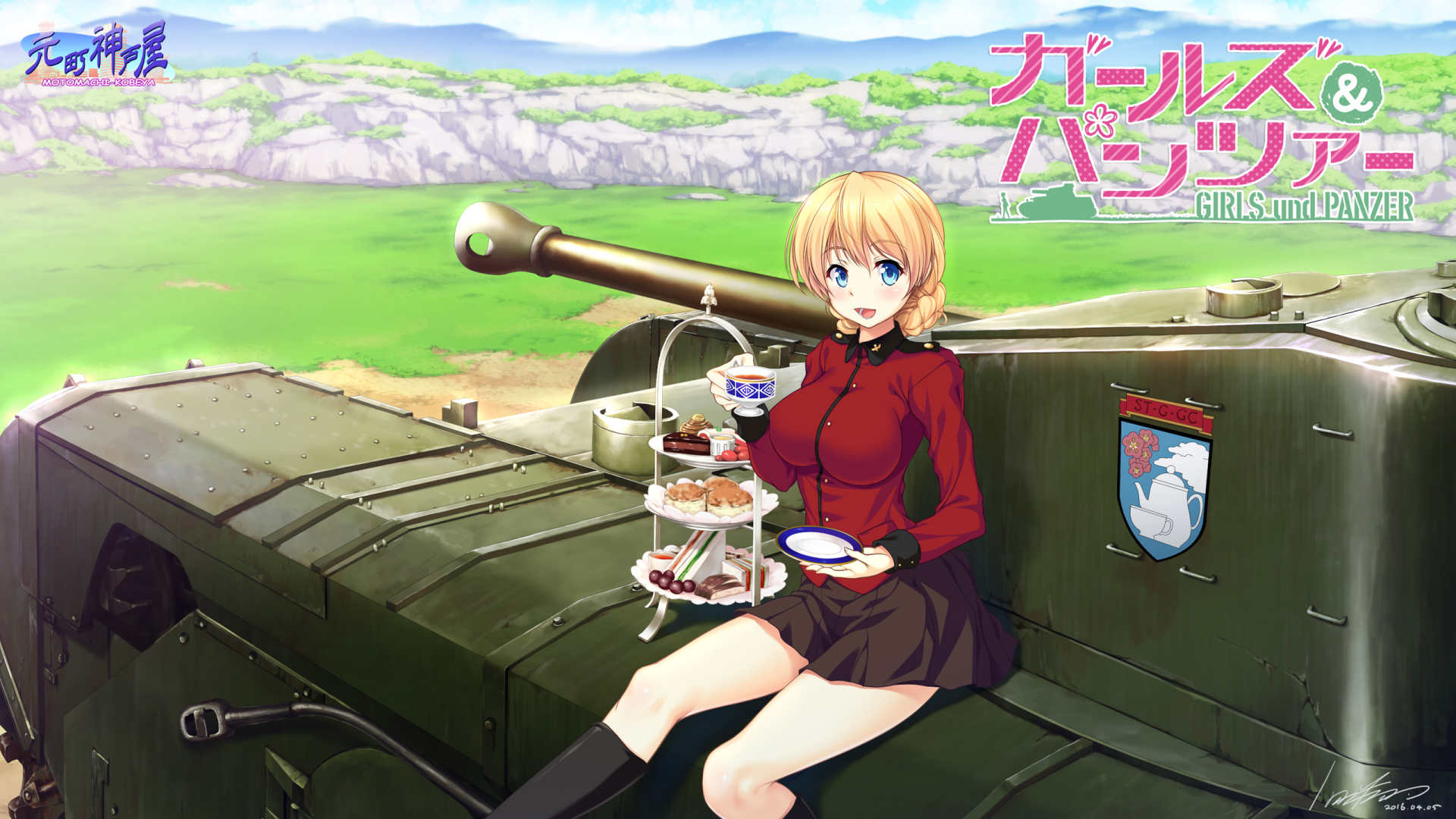 HD PC desktop wallpaper featuring Darjeeling from Girls und Panzer anime, sitting on a tank with a tea set against a scenic countryside backdrop.