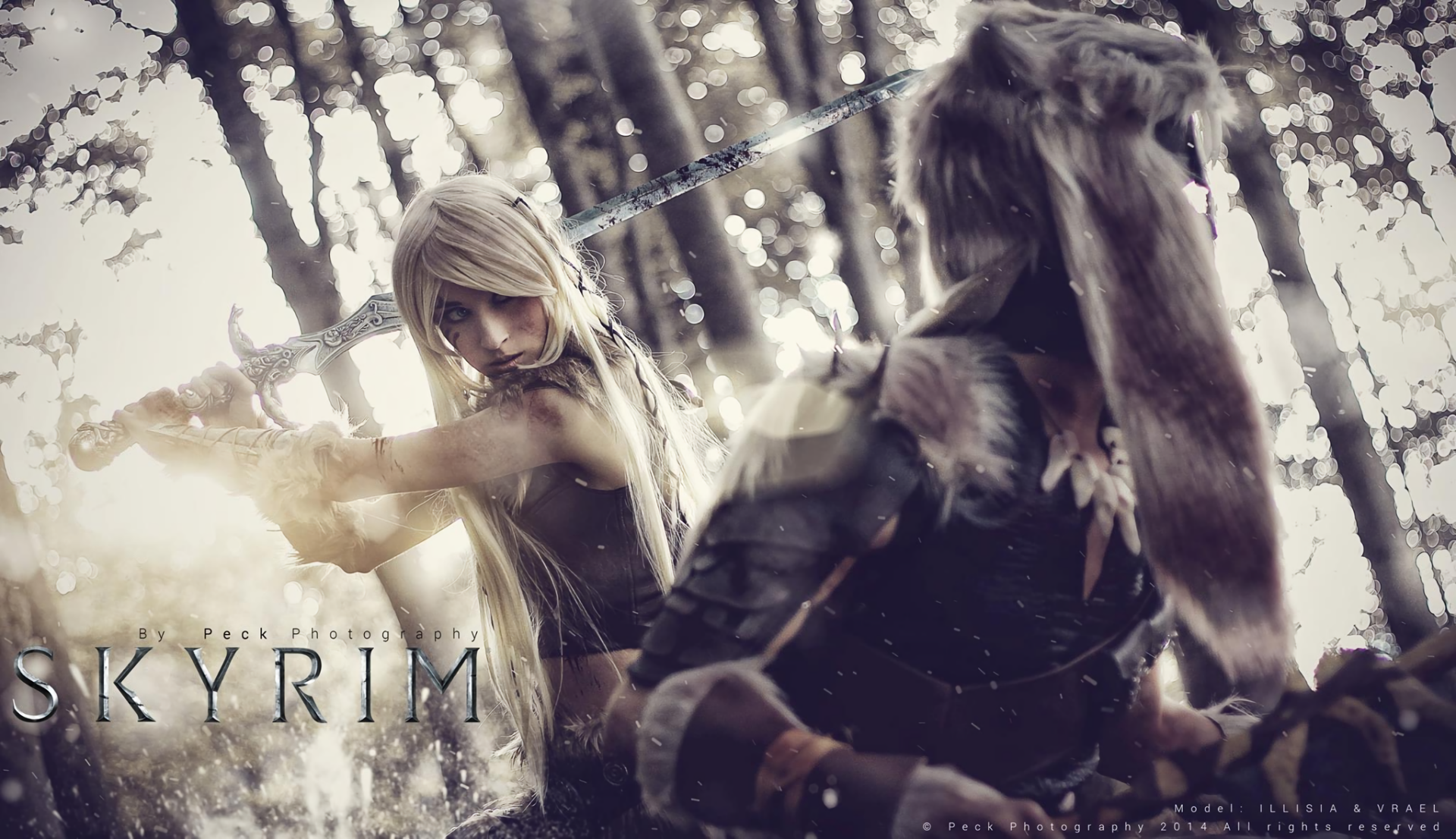 HD PC desktop wallpaper featuring a woman in detailed cosplay from The Elder Scrolls V: Skyrim, poised with a sword in a forest setting.