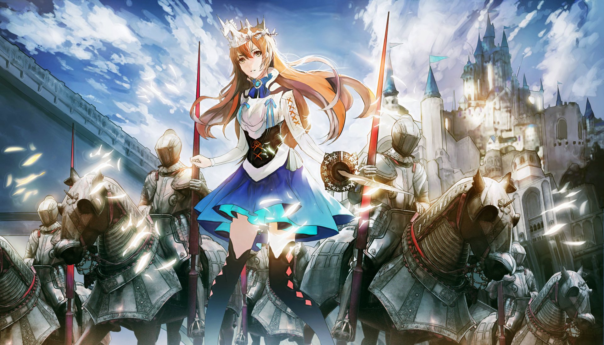 Anime-style warrior with blonde hair, yellow eyes, and a crown stands with a lance before a castle, surrounded by armored knights and horses in this HD desktop wallpaper.
