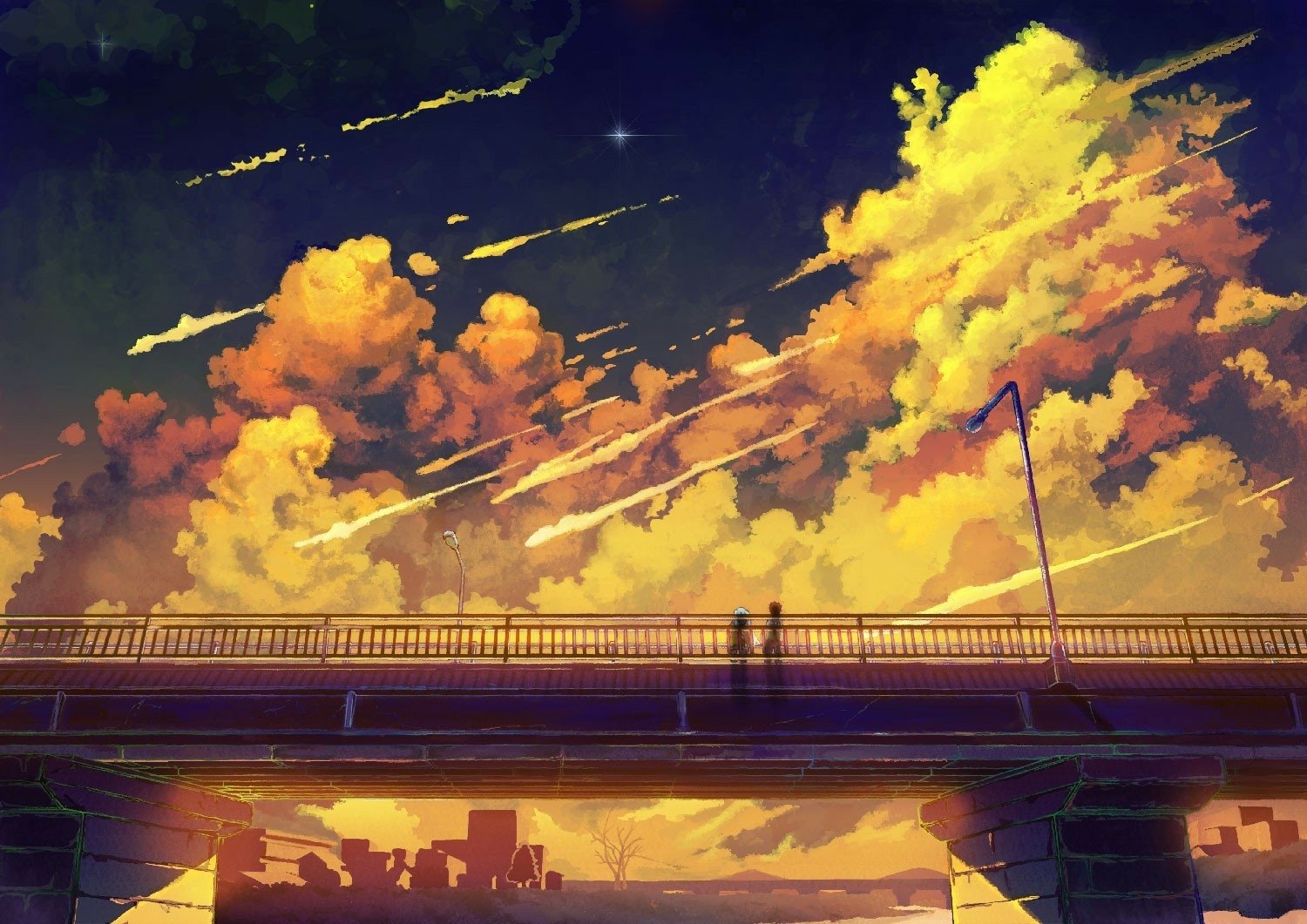 Anime-style HD desktop wallpaper depicting a detailed bridge silhouetted against a vibrant sky filled with dramatic clouds and streaks of light.