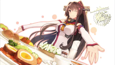 A vibrant HD wallpaper featuring Yamato from Kantai Collection (Kancolle), showcasing her in an inviting pose with a delicious spread of food, colorful and lively.