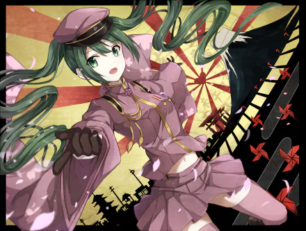 A vibrant HD wallpaper featuring Hatsune Miku with long green hair in twintails, wearing a uniform and hat, set against a colorful backdrop with a striking design.