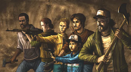A dramatic 4K Ultra HD wallpaper featuring characters Kenny and Clementine from The Walking Dead: Season 2, poised for action in a gripping zombie survival scene.