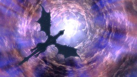 HD dark-themed desktop wallpaper featuring Alduin the World-Eater, the dragon antagonist from the video game The Elder Scrolls V: Skyrim, in a cosmic, swirling sky.