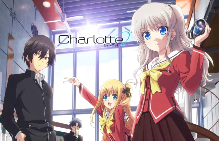 HD desktop wallpaper featuring characters Joujirou Takajou, Yusa Kurobane, Yū Otosaka, and Nao Tomori from the anime Charlotte. The characters are in a modern setting with large windows and natural light.