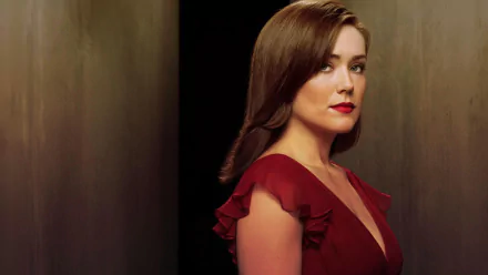 HD PC desktop wallpaper: portrait of a female character from the TV show The Blacklist, wearing a deep red dress against a dark, minimalist background.