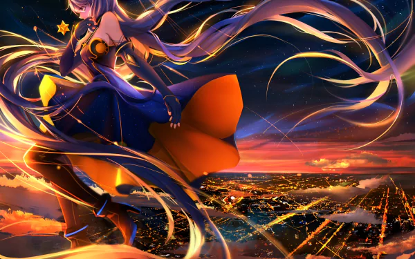 HD anime desktop wallpaper featuring Stardust from Vocaloid with flowing hair and glowing ribbons against a vibrant cityscape at sunset.