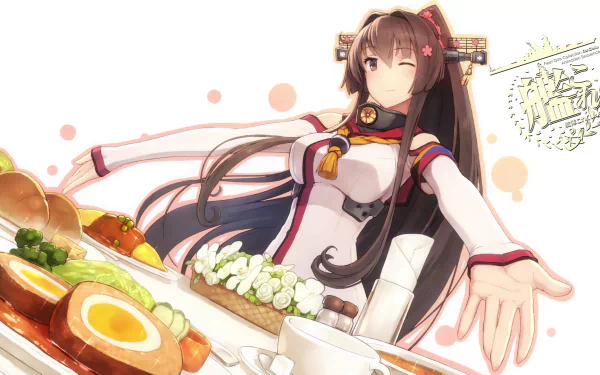 A vibrant HD wallpaper featuring Yamato from Kantai Collection (Kancolle), showcasing her in an inviting pose with a delicious spread of food, colorful and lively.