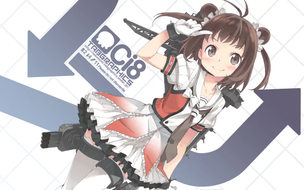 HD PC desktop wallpaper of Naka from Kantai Collection (Kancolle): anime girl in a white-and-red sailor outfit with ship gear, smiling and posing against blue arrow graphics and an ac-18 emblem.