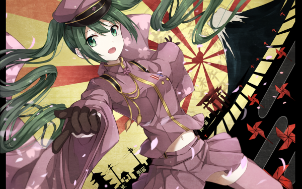 Anime Vocaloid Hatsune Miku Skirt Thigh Highs Glove Uniform Hat Twintails Green Eyes Green Hair Long Hair HD Wallpaper | Background Image
