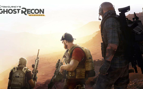 A captivating HD wallpaper from Tom Clancy’s Ghost Recon Wildlands, featuring three soldiers surveying a rugged landscape in a dramatic sunset setting.
