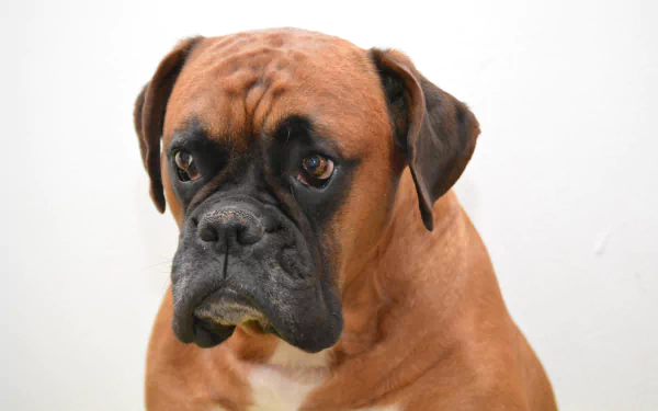 Portrait of a brown Boxer dog against a plain white background, captured in 4K Ultra HD, suitable as a PC desktop wallpaper and background.