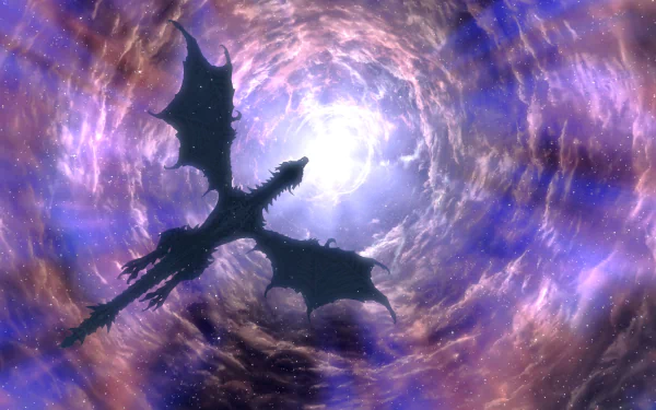 HD dark-themed desktop wallpaper featuring Alduin the World-Eater, the dragon antagonist from the video game The Elder Scrolls V: Skyrim, in a cosmic, swirling sky.