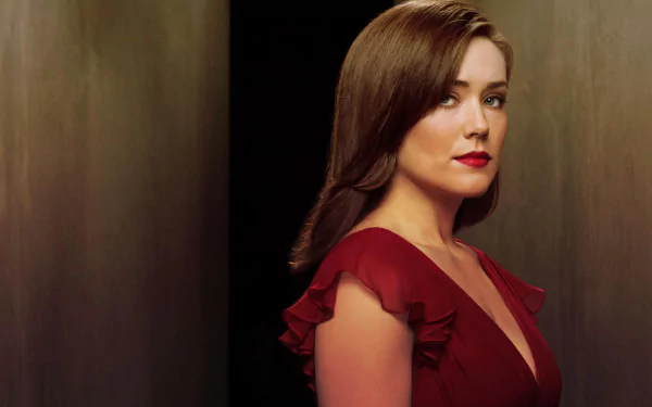 HD PC desktop wallpaper: portrait of a female character from the TV show The Blacklist, wearing a deep red dress against a dark, minimalist background.