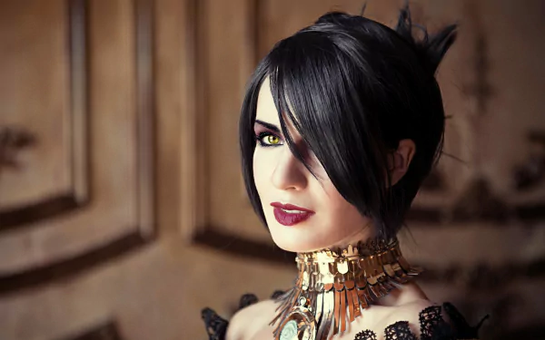 A stunning high-definition image of a woman in Morrigan cosplay from Dragon Age, featuring intricate detailing in her outfit and striking makeup. A captivating character portrayal.