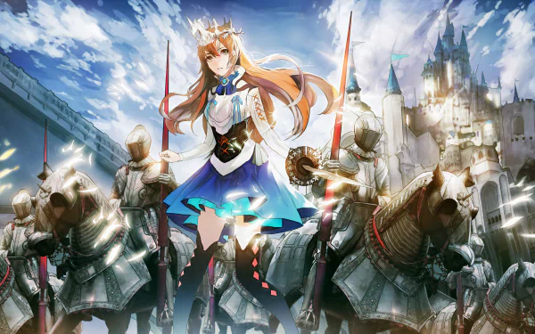 Anime-style warrior with blonde hair, yellow eyes, and a crown stands with a lance before a castle, surrounded by armored knights and horses in this HD desktop wallpaper.