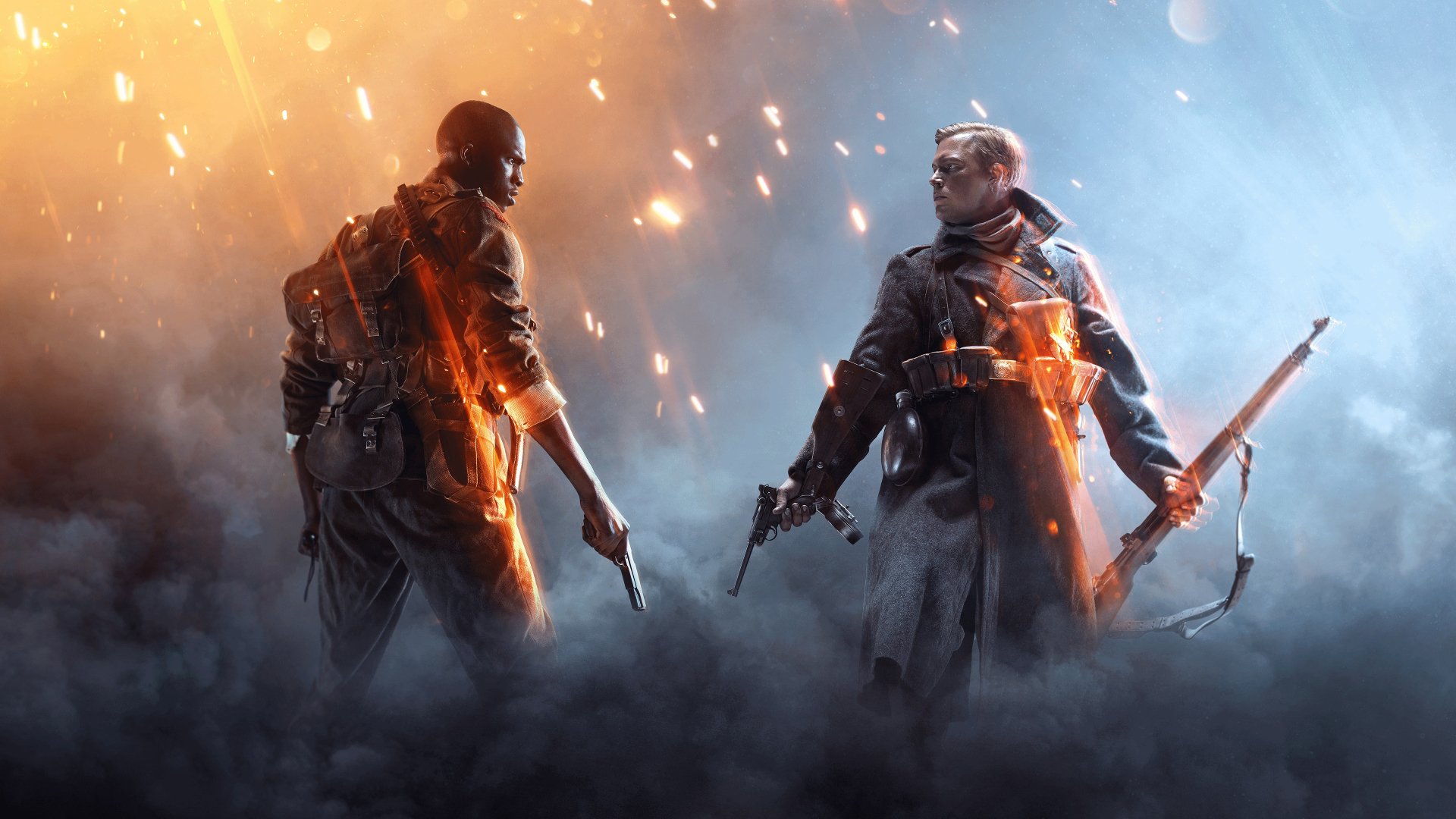 A dynamic scene from Battlefield 1, featuring two soldiers poised for battle amid a backdrop of smoke and sparks, showcasing the intense atmosphere of this video game.