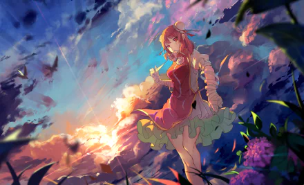 A vibrant HD wallpaper featuring Kasen Ibaraki from Touhou, set against a dramatic sky with colorful clouds and floral elements, capturing a magical and serene atmosphere.