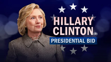 HD desktop wallpaper featuring a profile view of a woman with the text Hillary Clinton Presidential Bid and decorative stars on a blue background.