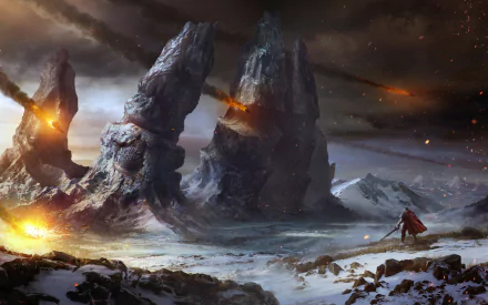 HD PC desktop wallpaper from the video game Lords of the Fallen, depicting a dark, fiery landscape with towering rocky structures and a lone figure in a snowy battlefield.