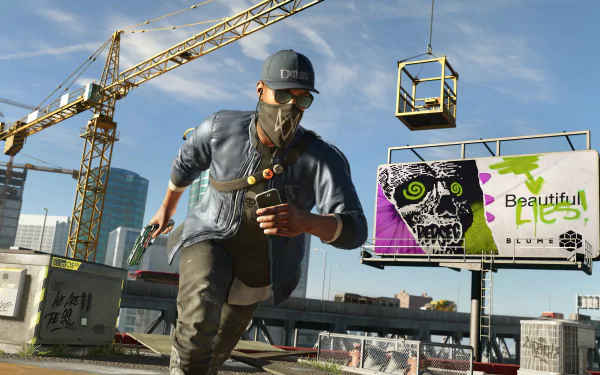 HD wallpaper featuring Marcus Holloway from the video game Watch Dogs 2, showcasing him in an urban environment with construction elements and vibrant billboards.