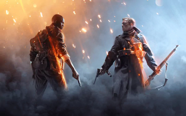 A dynamic scene from Battlefield 1, featuring two soldiers poised for battle amid a backdrop of smoke and sparks, showcasing the intense atmosphere of this video game.