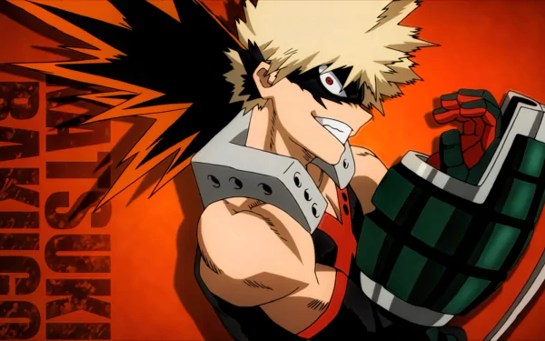 HD wallpaper of Katsuki Bakugou from My Hero Academia with a fiery orange background.