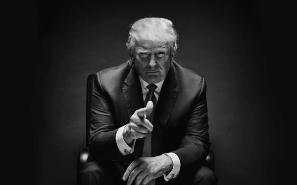 Black and white HD wallpaper of a man in a suit pointing forward with a serious expression, set against a dark background.
