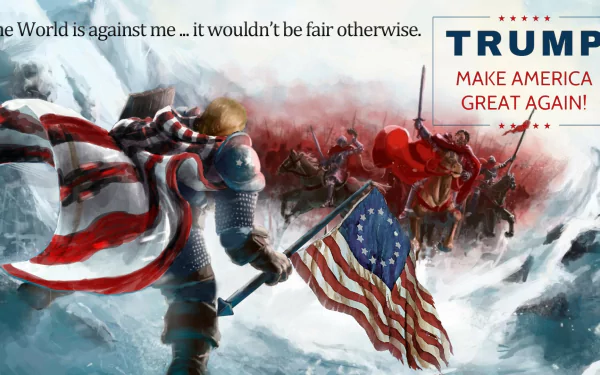 HD wallpaper featuring an artistic rendering of a knight with an American flag and the slogan Make America Great Again for a Donald Trump campaign.