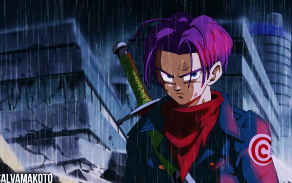 HD desktop wallpaper and background features Trunks from Dragon Ball Super standing in the rain, with a sword on his back, set against a dark, dystopian cityscape.
