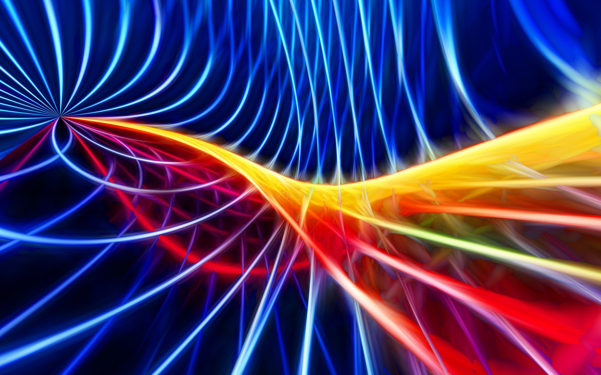 A vibrant, colorful abstract pattern with dynamic flowing lines in blue, red, yellow, and green tones, rendered in 4K Ultra HD for a PC desktop wallpaper.