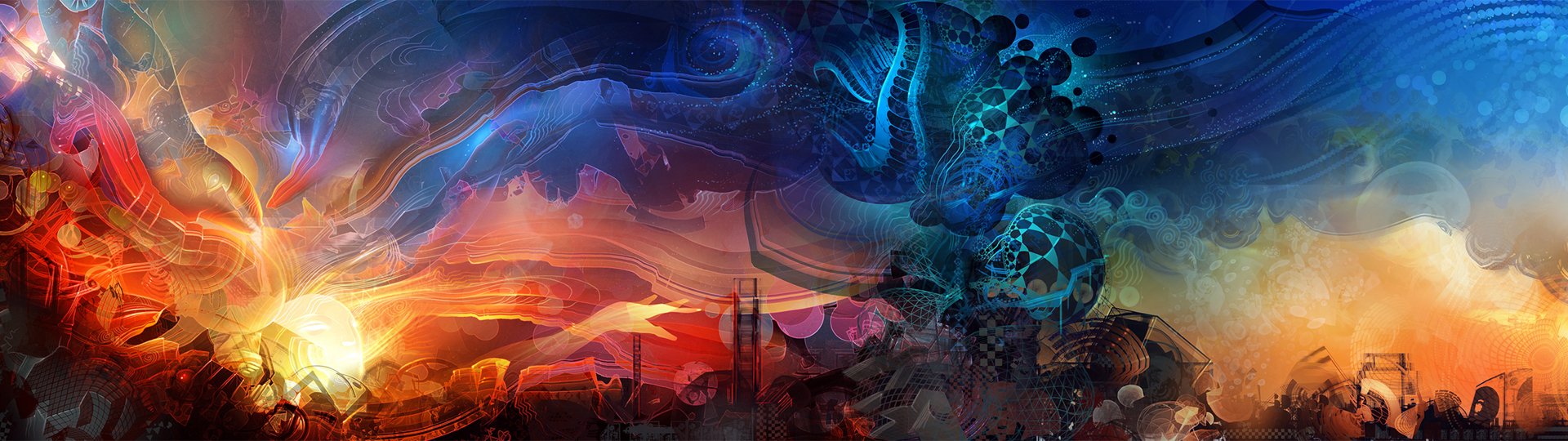 Fantasy-themed artistic HD desktop wallpaper blending vibrant sunset hues with intricate, surreal patterns and abstract forms in a dynamic, immersive composition.
