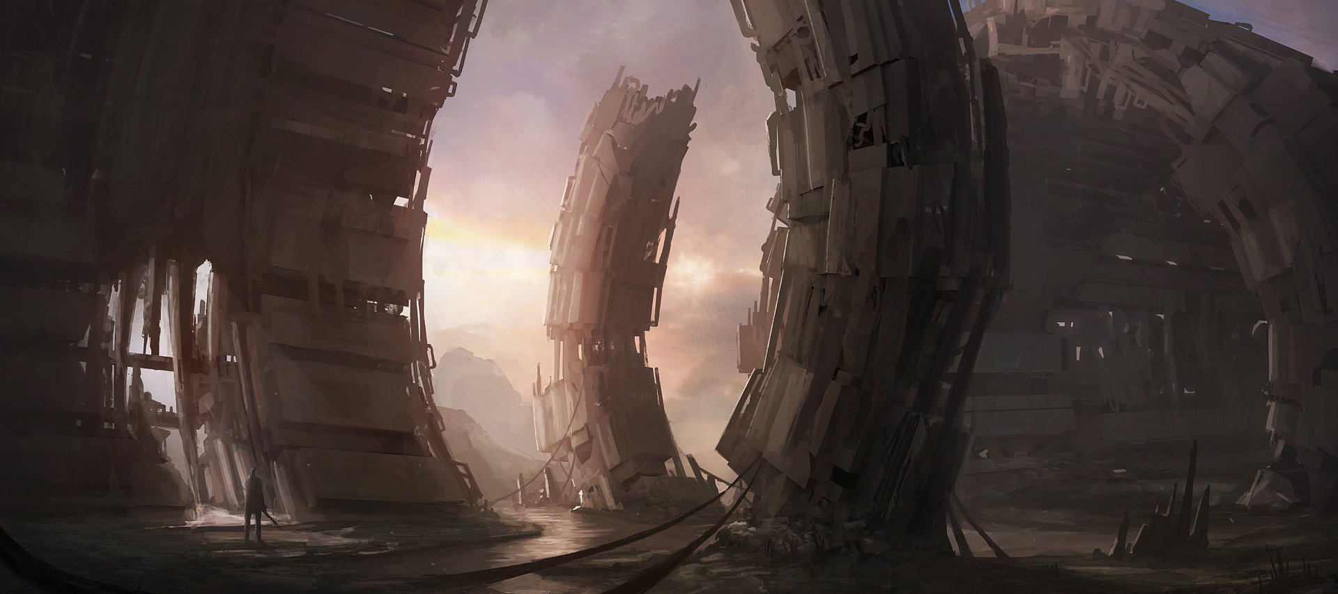 A striking sci-fi scene depicting post-apocalyptic ruins, featuring towering structures under a dramatic sky. This HD image serves as a captivating desktop wallpaper.